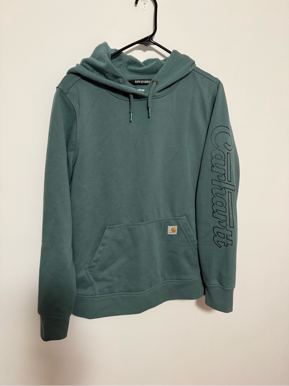 Carhartt Womenβs Teal Green Pullover Hoodie with Sleeve Script